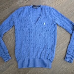 Ralph Lauren V neck cableknit sweater, xs, blue